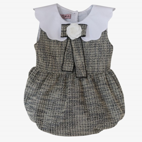 Black and ecru tweed romper with camellia