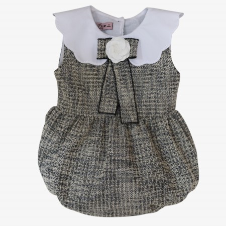 Black and ecru tweed romper with camellia