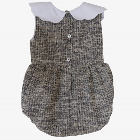 Black and ecru tweed romper with camellia