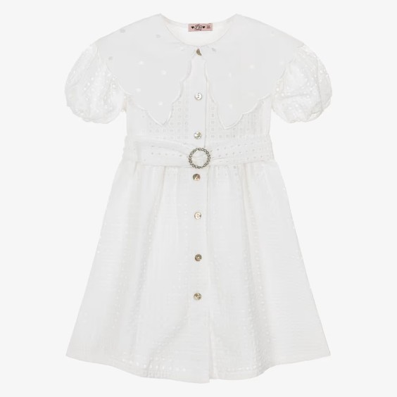 White dress with English embroidery and collar.