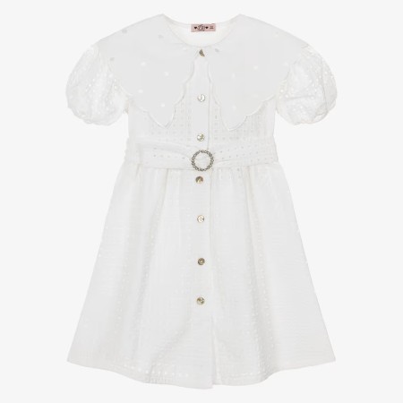 White dress with English embroidery and collar.