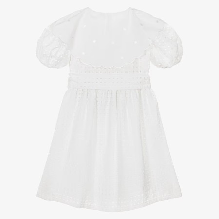 White dress with English embroidery and collar.