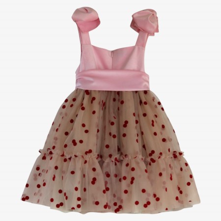 Pink velvet dress with burgundy polka dot tulle Pink velvet dress with burgundy polka dot tulle