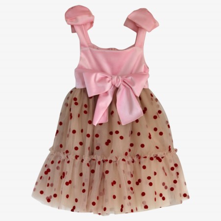 Pink velvet dress with burgundy polka dot tulle Pink velvet dress with burgundy polka dot tulle
