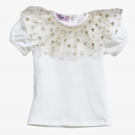 Bodysuit/T-shirt with gold tulle collar and hearts. Bodysuit/T-shirt with gold tulle collar and hearts.