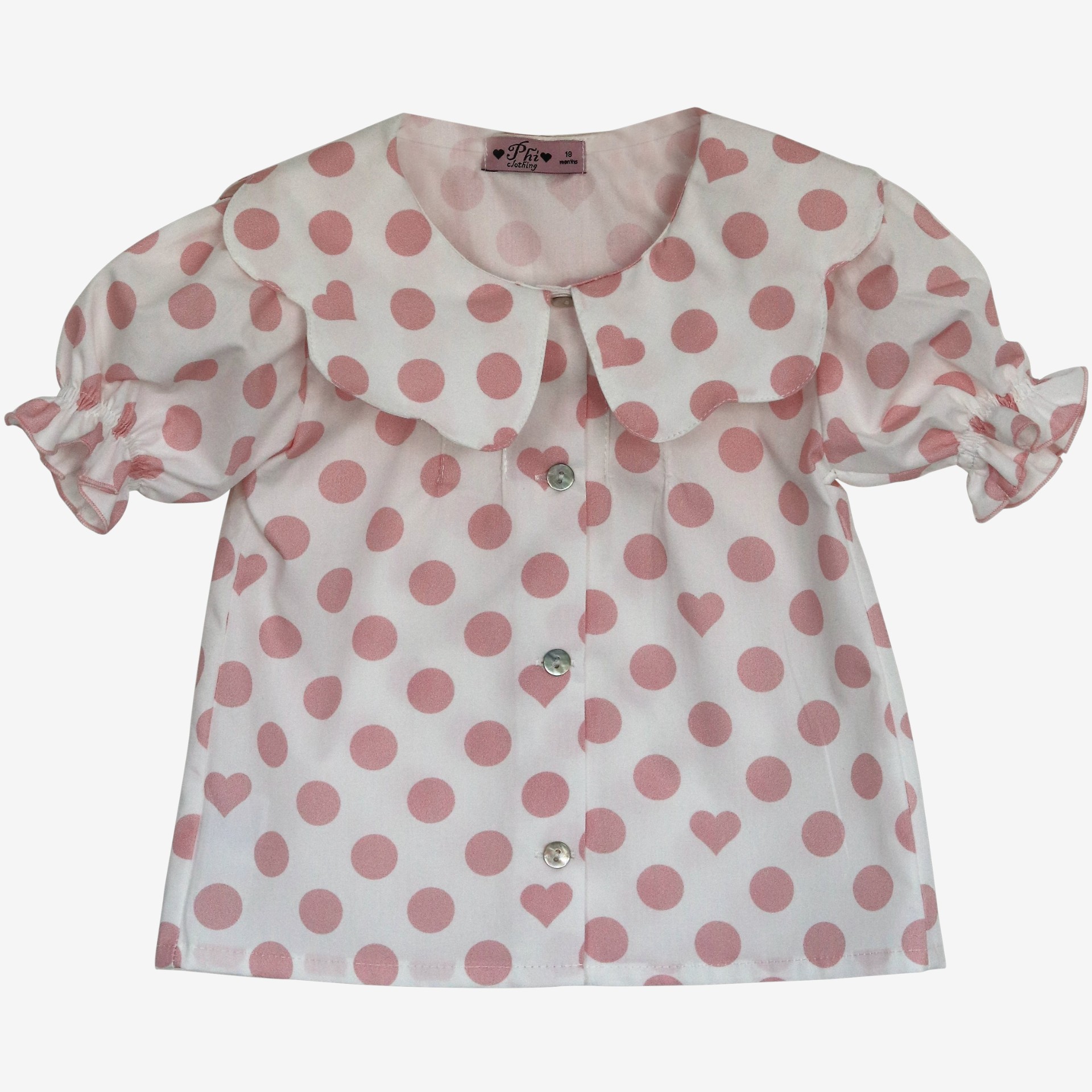 Blouse with pink polka dots and a collar.
