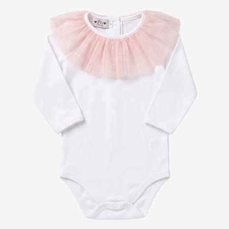 White body/t-shirt with pink pleated tulle collar