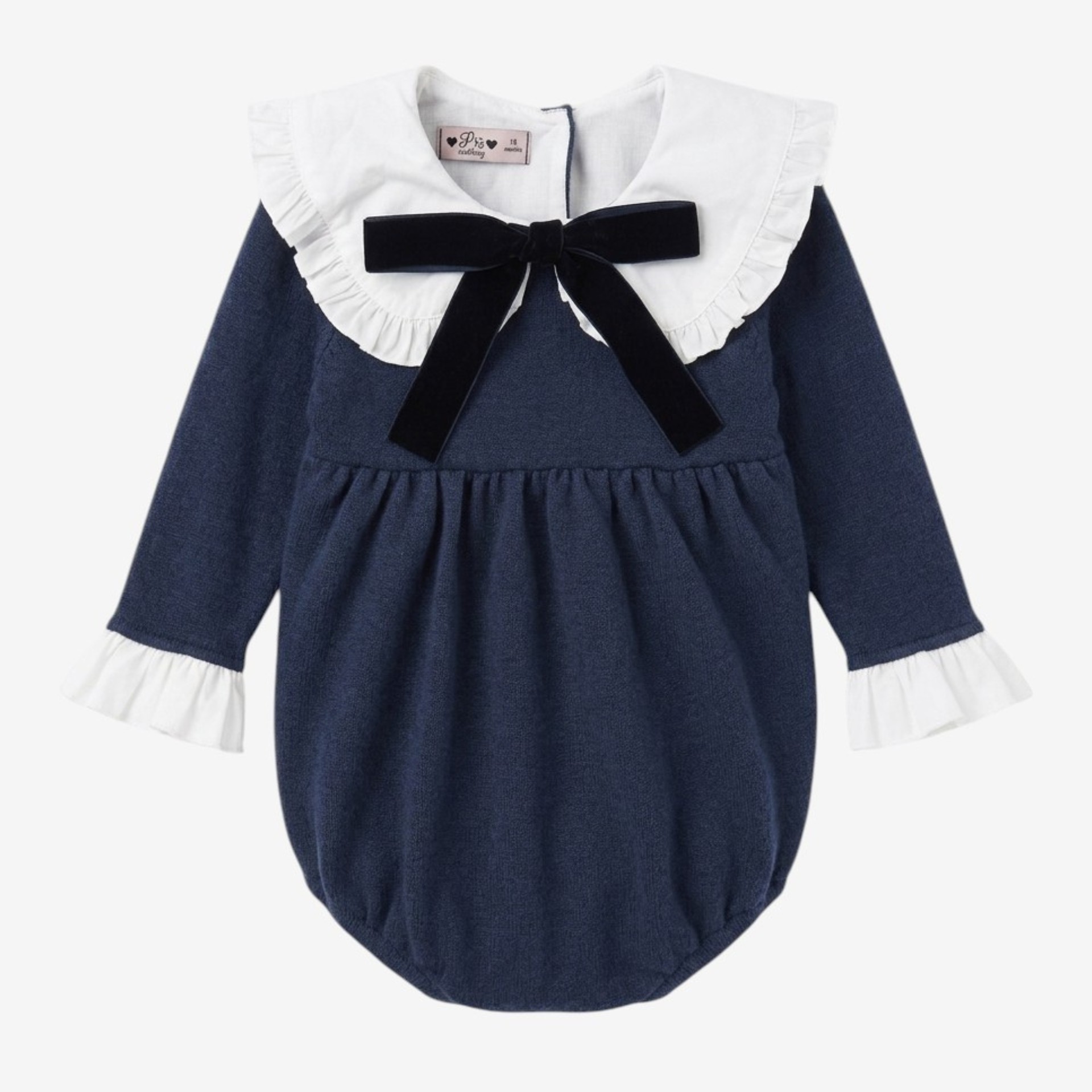 Barboteuse bleue en maille avec col et nœud