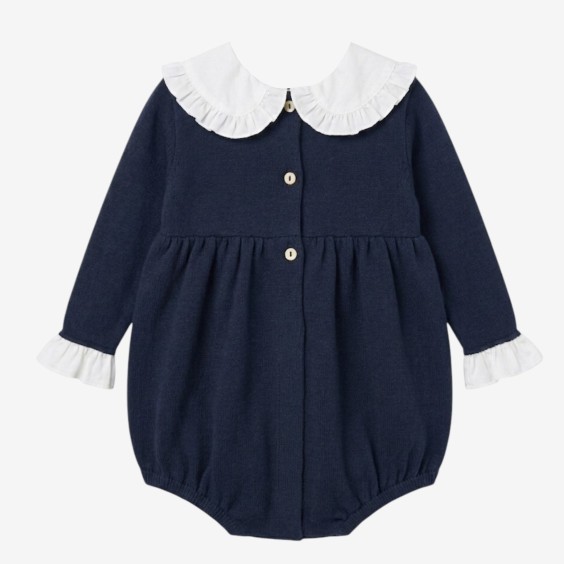 Blue knit romper with collar and bow