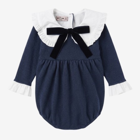 Blue knit romper with collar and bow Blue knit romper with collar and bow