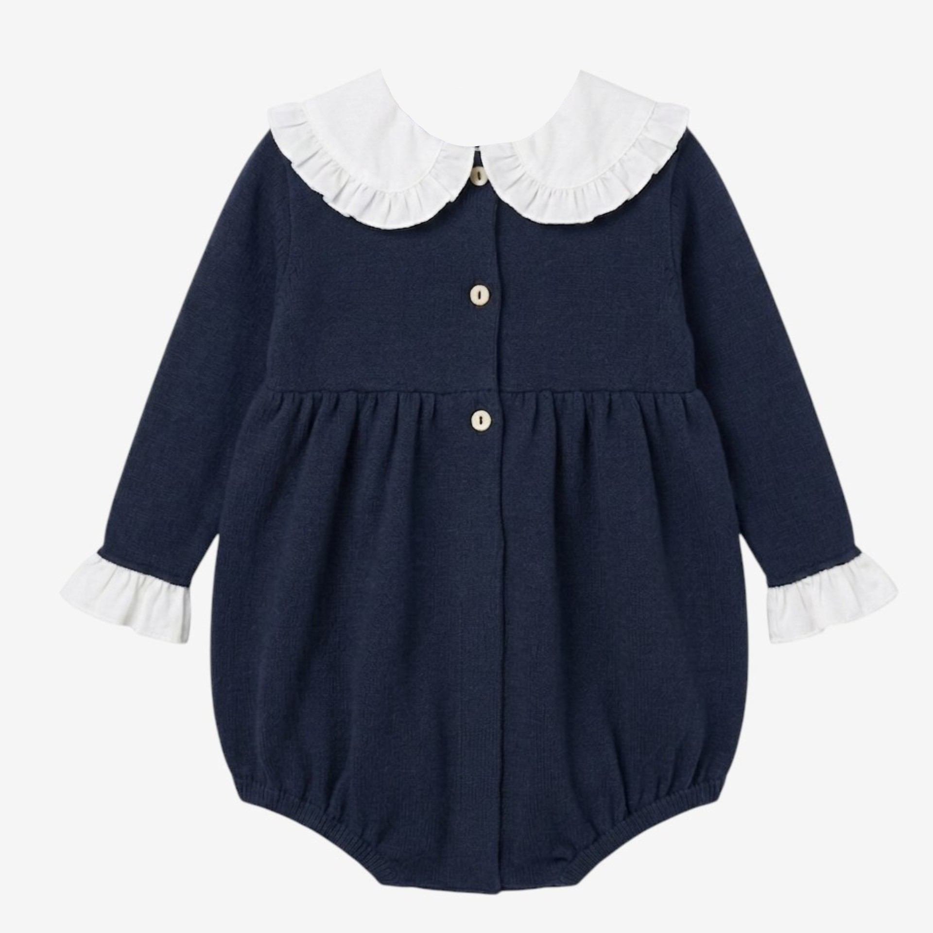 Barboteuse bleue en maille avec col et nœud