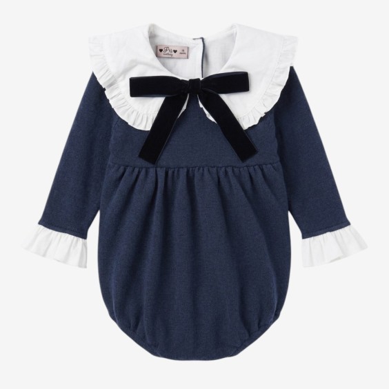 Blue knit romper with collar and bow