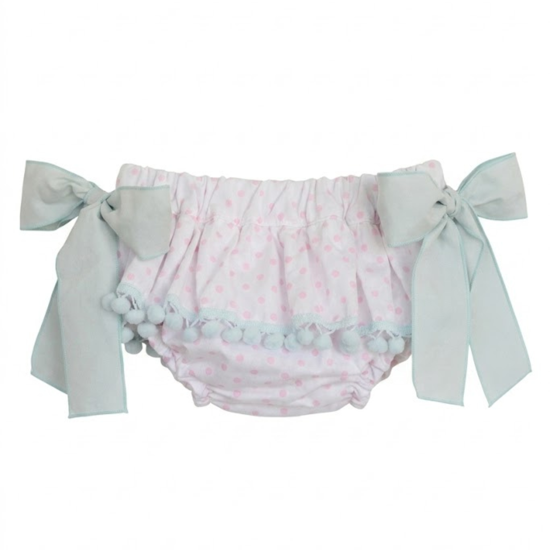 Tapa Fraldas cru com bolas rosa e pompom azul