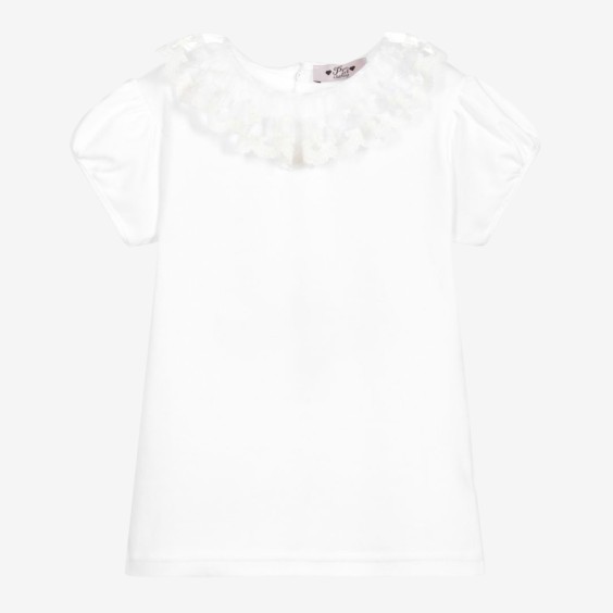 White bias-cut body/T-shirt with pink picot trim.