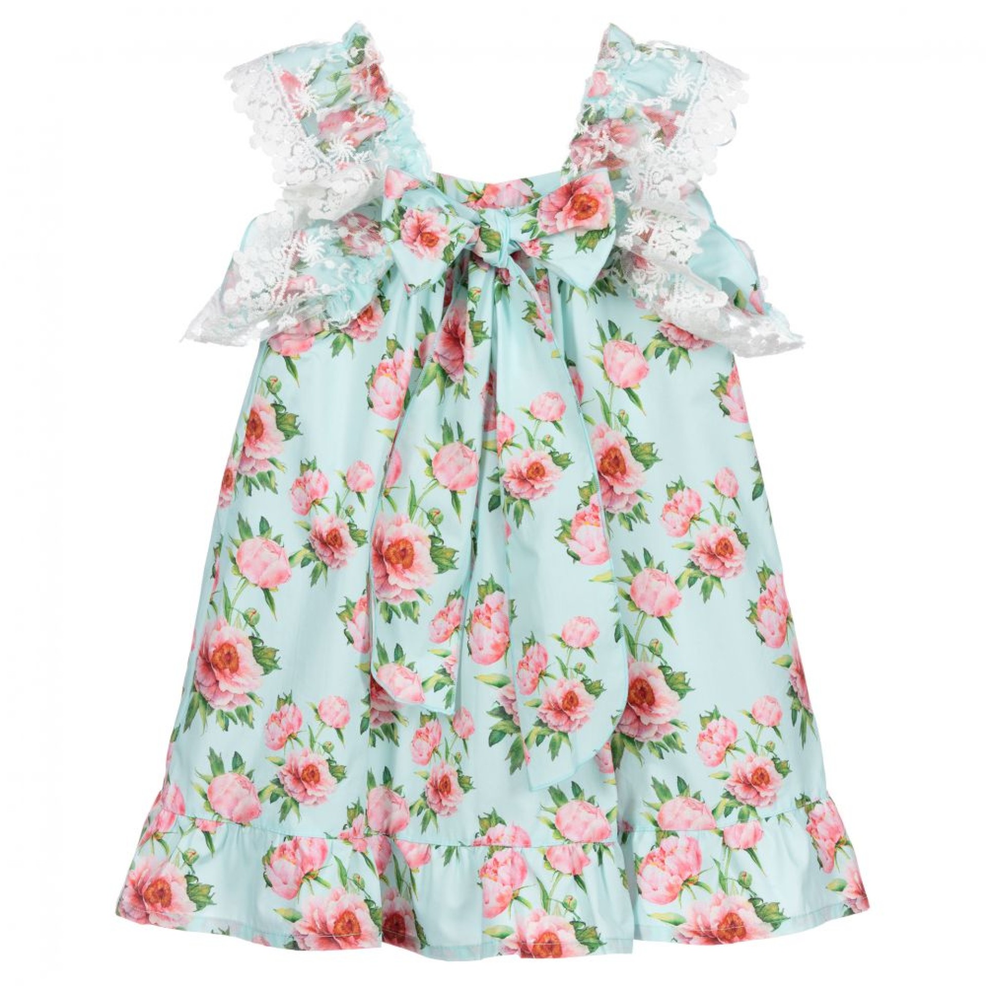 Robe menthe ornée de pivoines roses et de tulle.