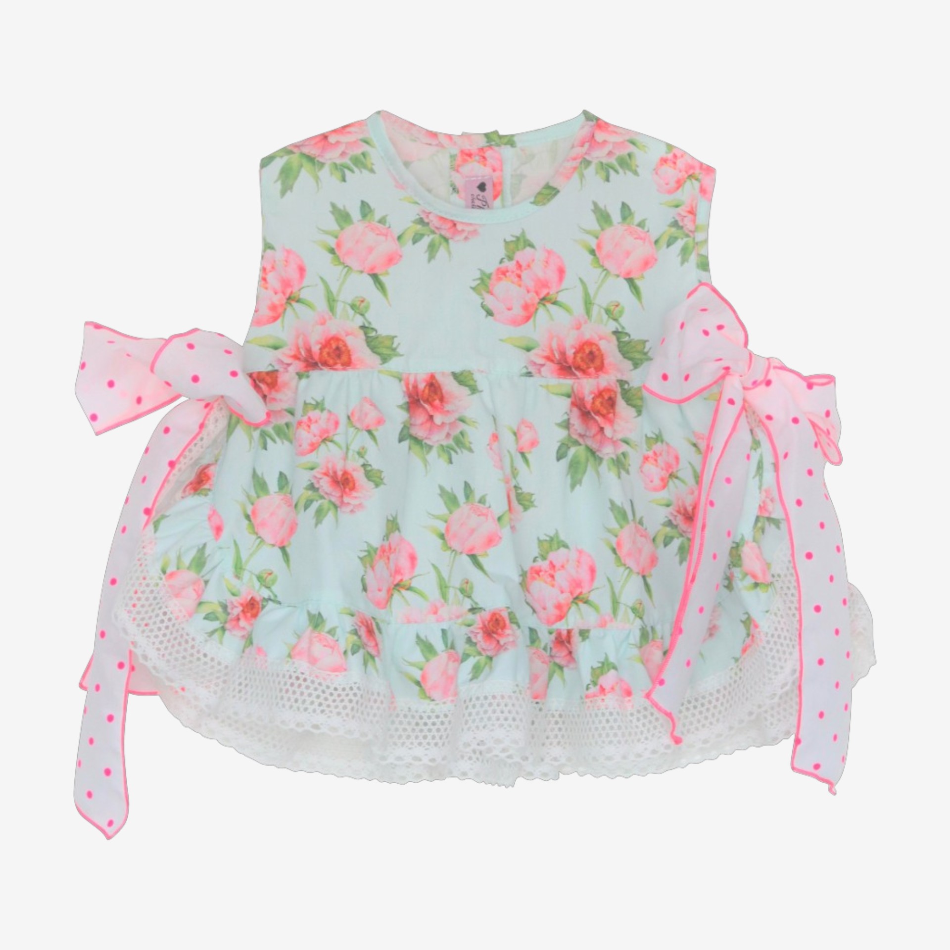 Blusa menta com peónias rosa com laços