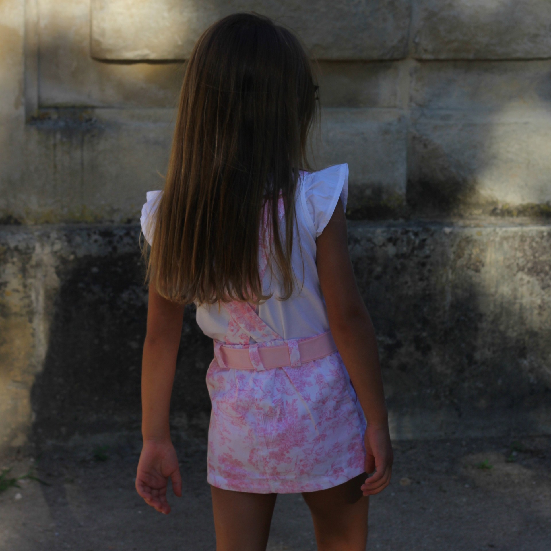 Pink toile de jouy skirt with straps