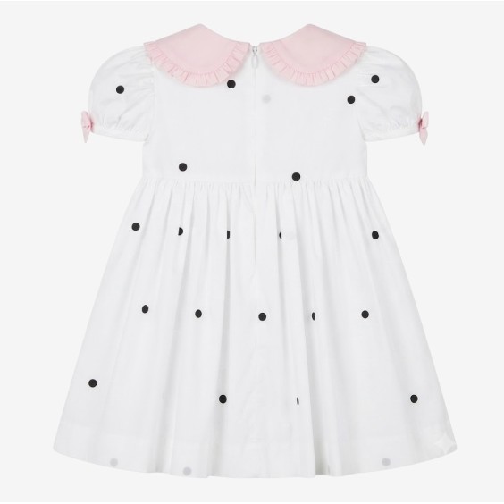 Black polka dot dress with pink collar