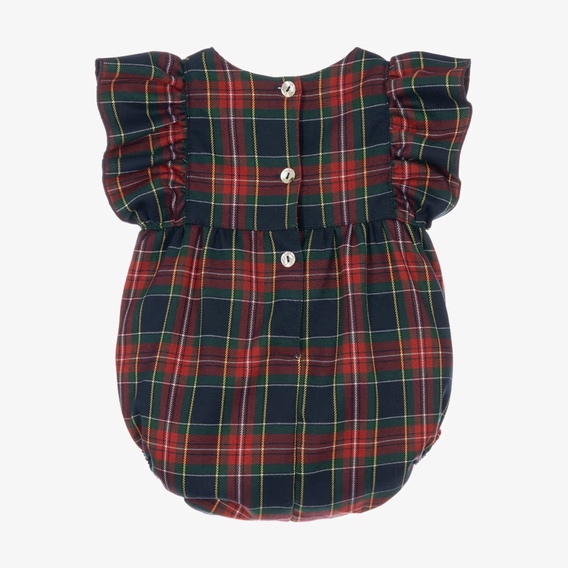 Blue and burgundy plaid romper with bows