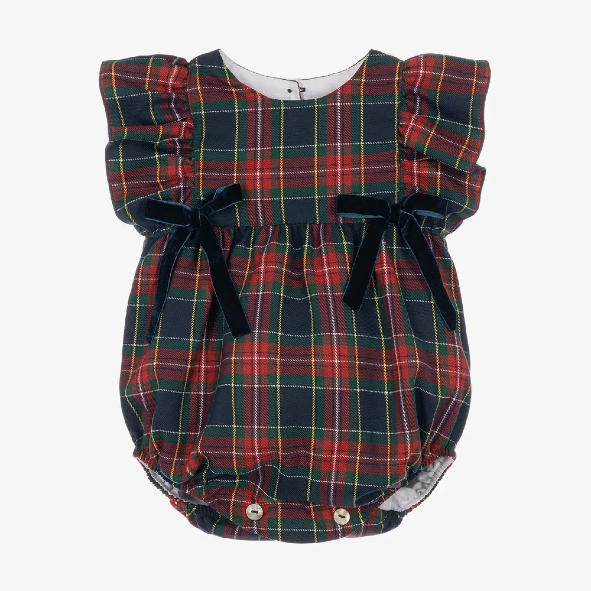 Blue and burgundy plaid romper with bows