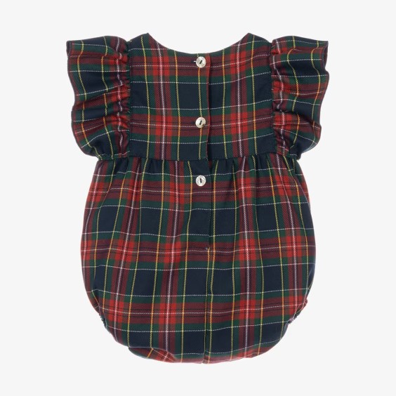 Blue and burgundy plaid romper with bows