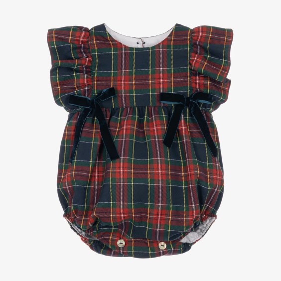 Blue and burgundy plaid romper with bows