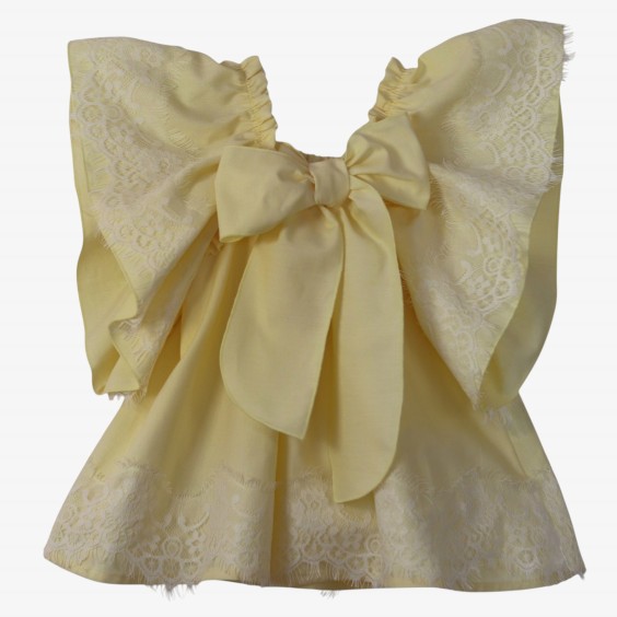Vestido oxford amarelo com renda de tule
