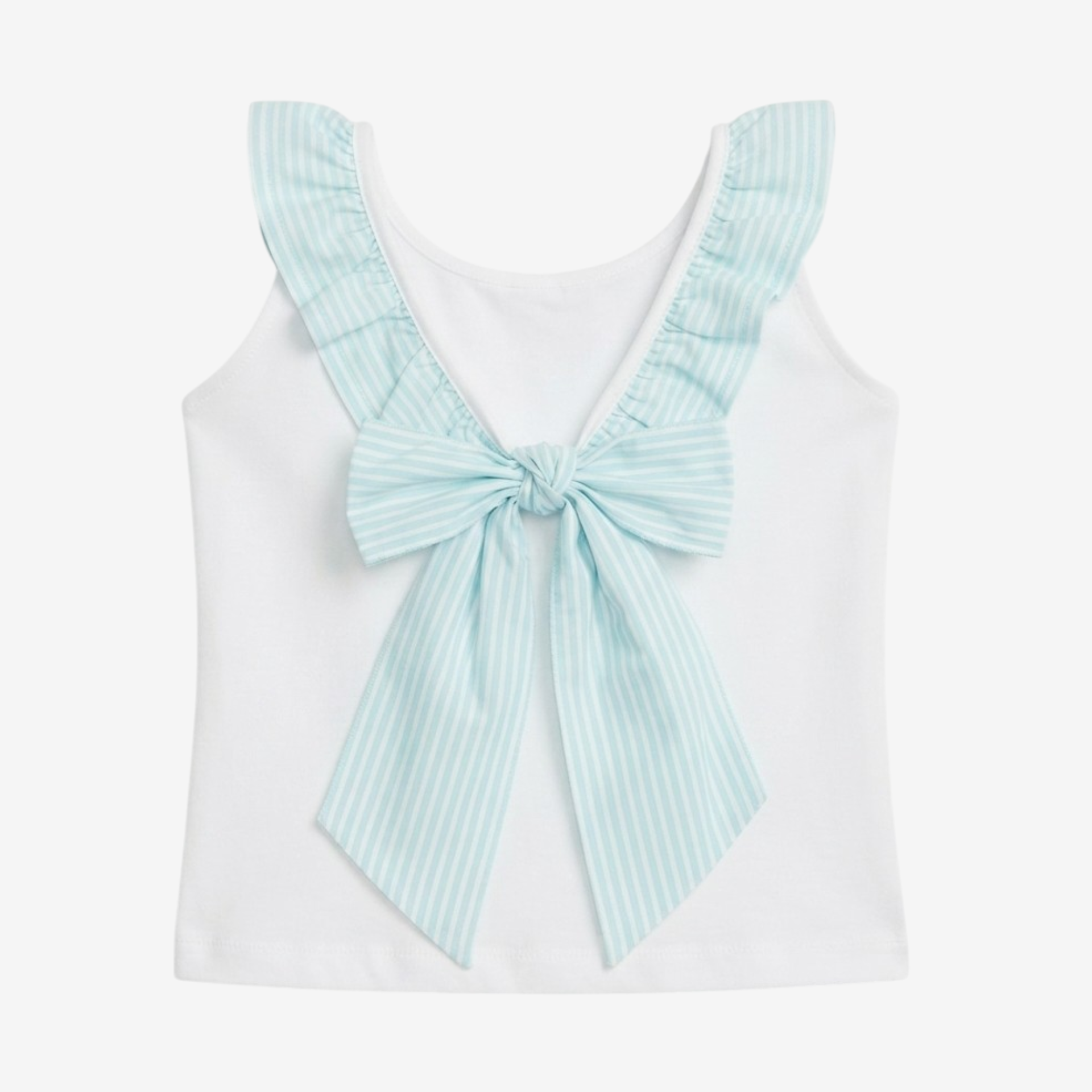 Blue striped T-shirt with bow at the back.