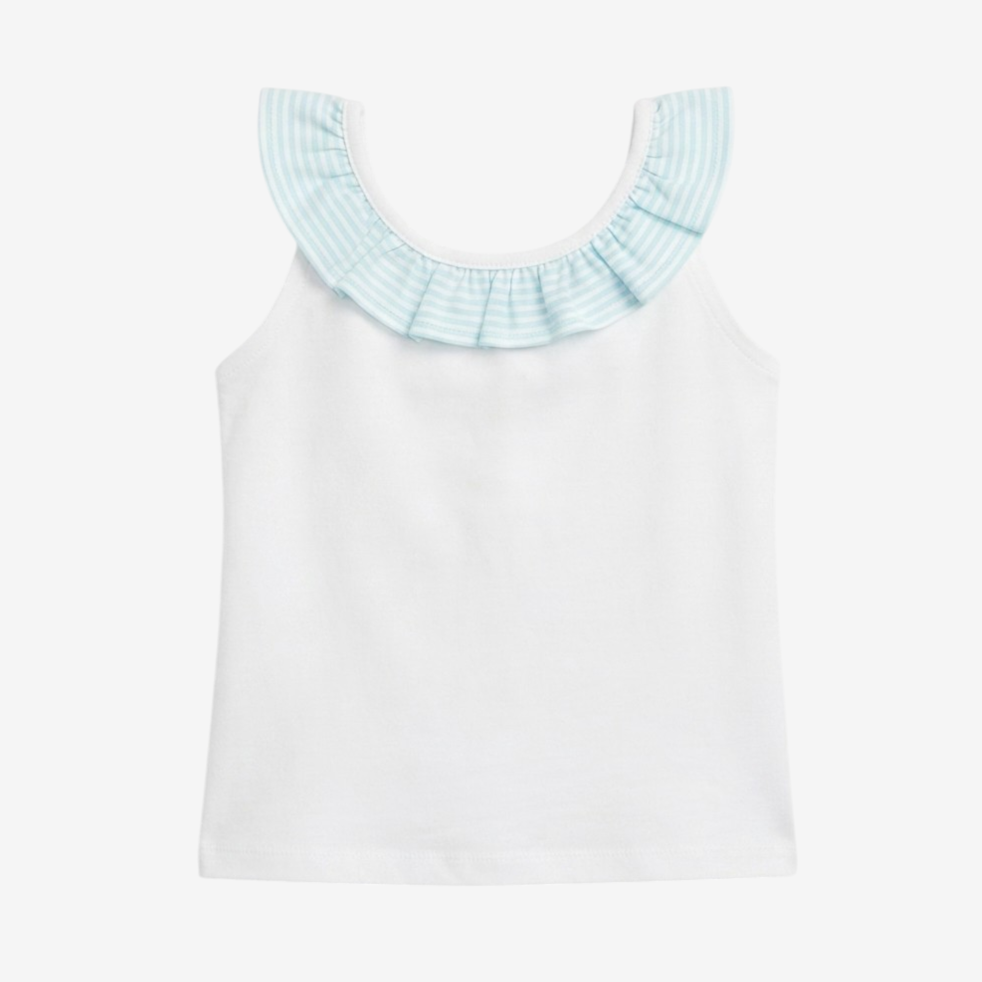 Blue striped T-shirt with bow at the back.