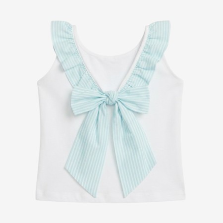 Blue striped T-shirt with bow at the back.