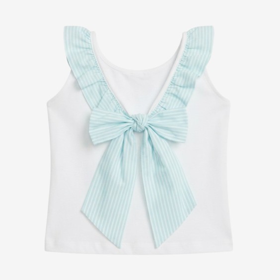 Blue striped T-shirt with bow at the back.