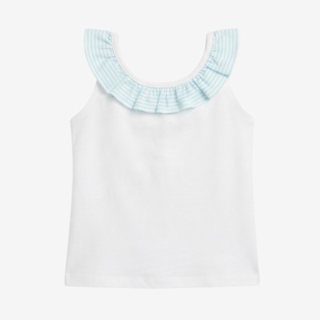 Blue striped T-shirt with bow at the back.