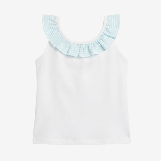 Blue striped T-shirt with bow at the back.
