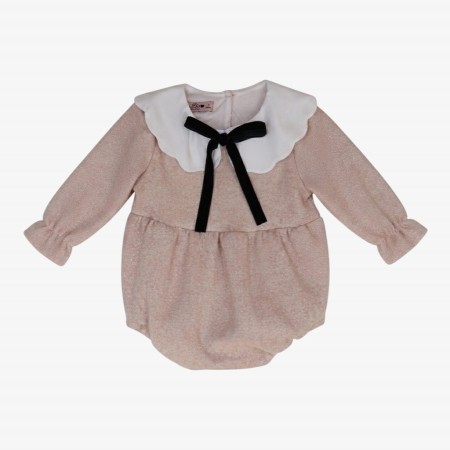 Pink knit romper with velvet black bow