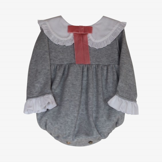 Grey knit romper with pink velvet bow