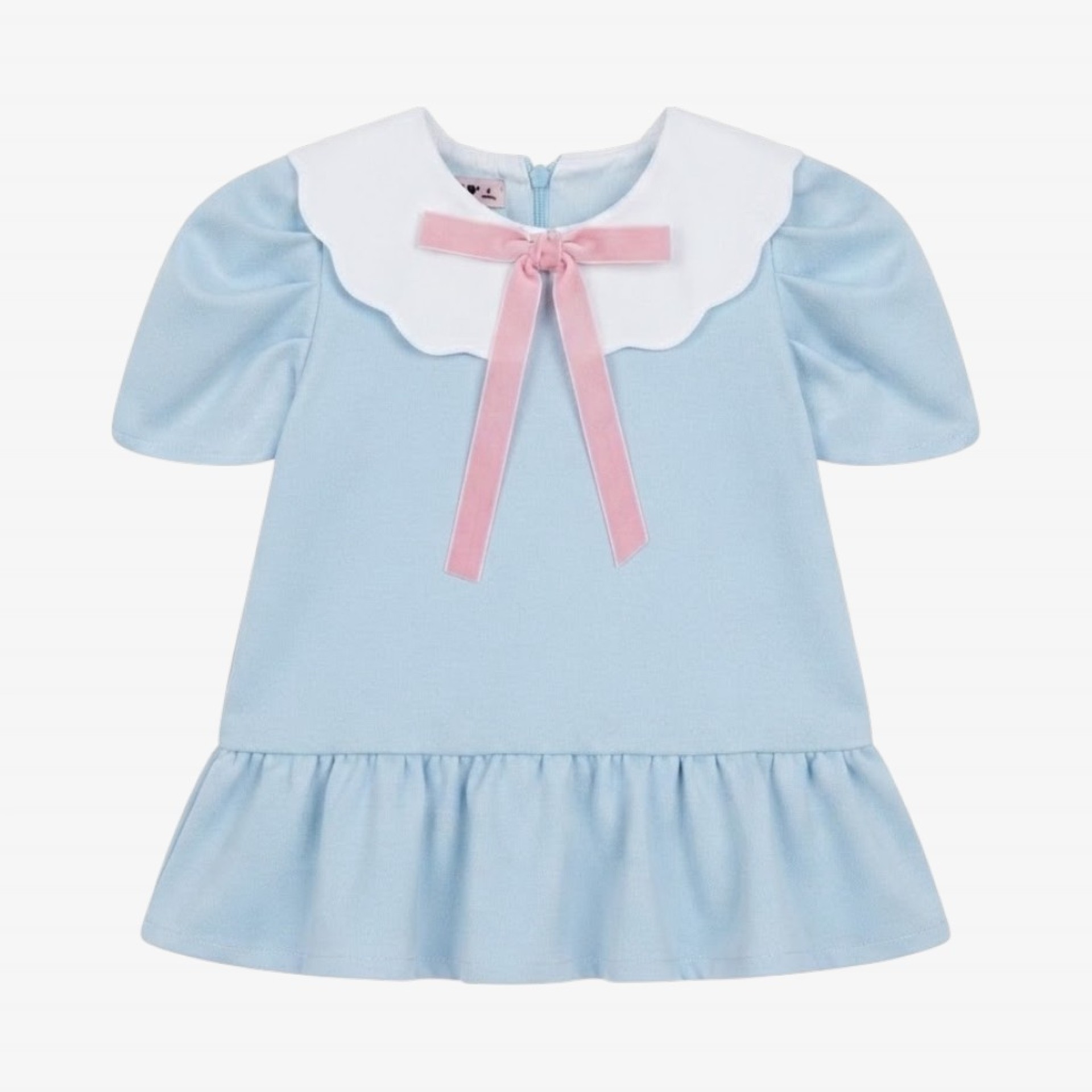 Baby blue dress with a pink bow.