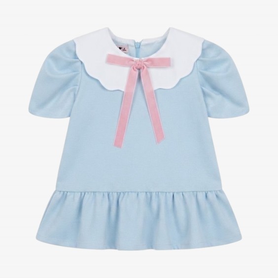 Baby blue dress with a pink bow.