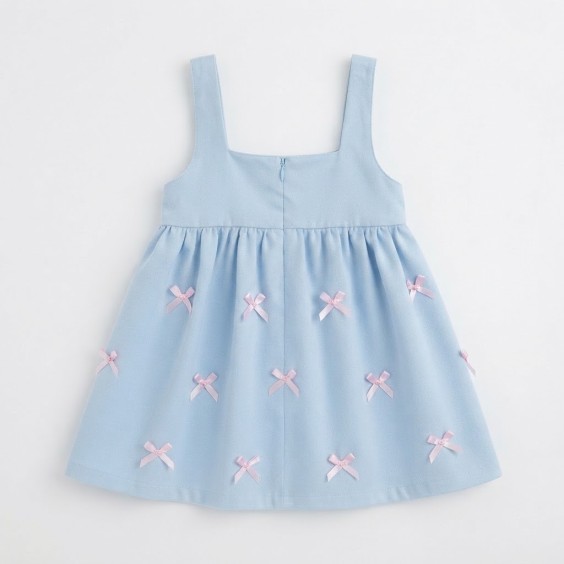 Baby blue velvet dress with pink bows.