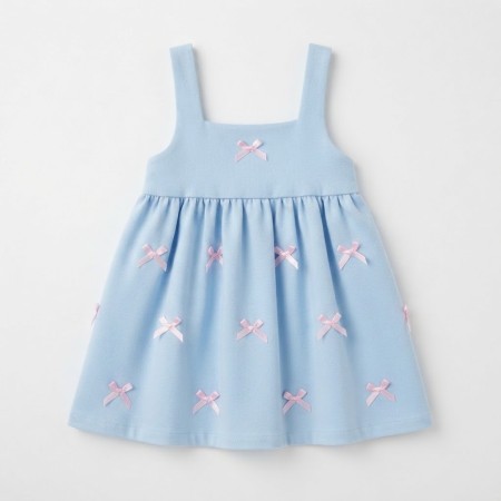Baby blue velvet dress with pink bows. Baby blue velvet dress with pink bows.