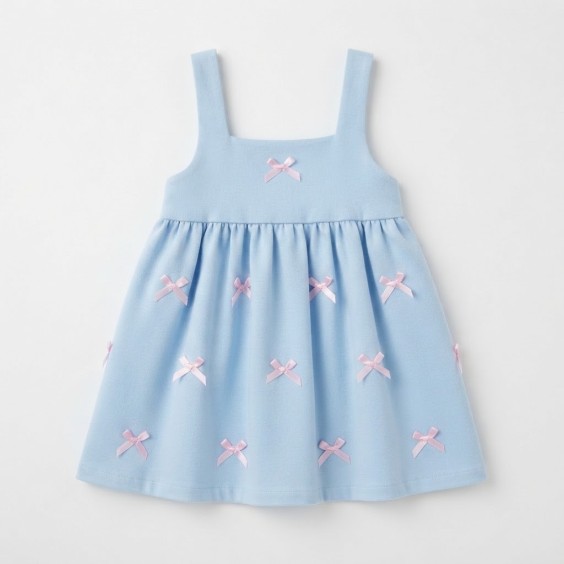 Baby blue velvet dress with pink bows.