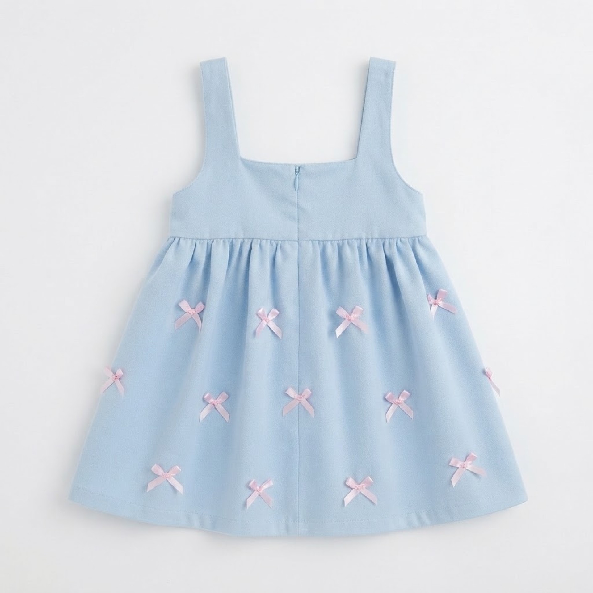 Baby blue velvet dress with pink bows.