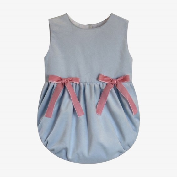 Baby blue velvet romper with pink bows