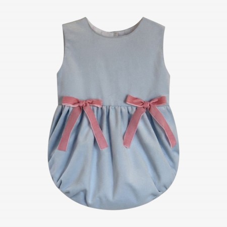 Baby blue velvet romper with pink bows Baby blue velvet romper with pink bows