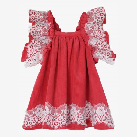Coral corduroy dress with lace.