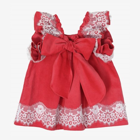Coral corduroy dress with lace.