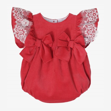 Coral corduroy romper with tulle lace