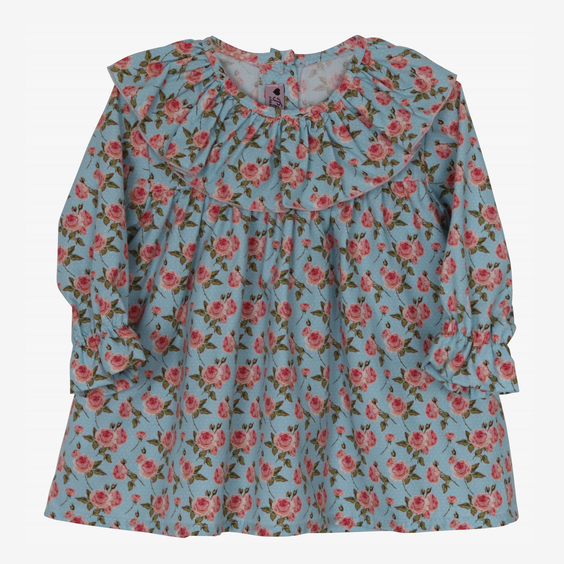 Blue blouse with roses and a collar