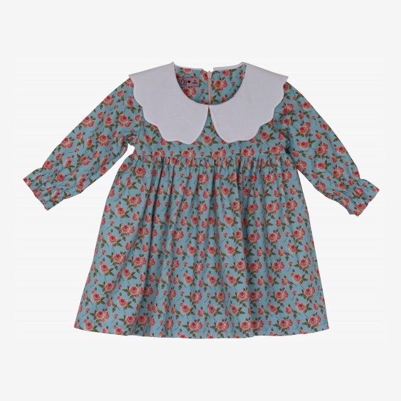 Blue dress with roses and white poplin collar. 