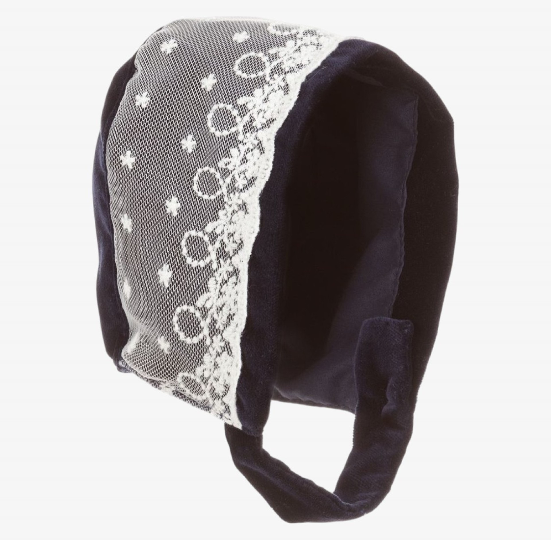 Navy blue velvet bonnet with tulle