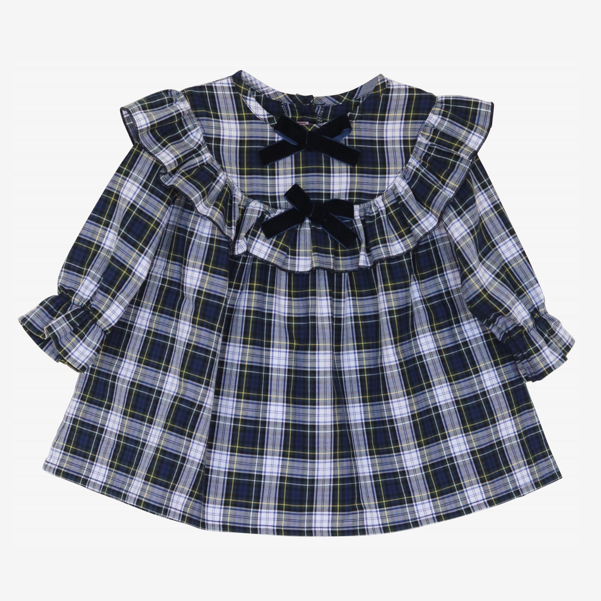 Blue plaid blouse with velvet bows